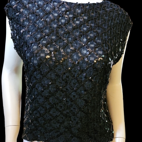 Vintage* Sequined Sleevless Top* Black* Sz L - Picture 2 of 5
